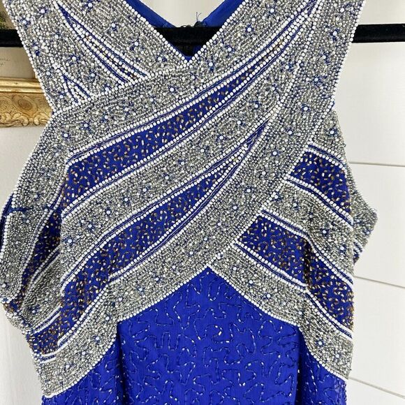 Laurence Kazar Vintage Silk Beaded Evening Gown Size Small Blue - Picture 3 of 10